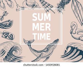 Invitation for coktail beach party. Summertime sketch hand draw card. 
