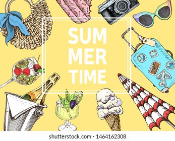 Invitation for coktail beach party. Summertime sketch hand draw card. 