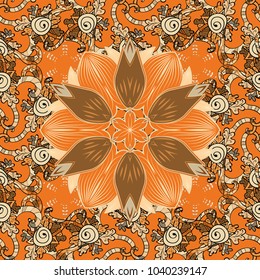 Invitation with colored mandala. Vector pattern for wedding card illustration. Vintage decorative element on a orange, beige and brown colors.