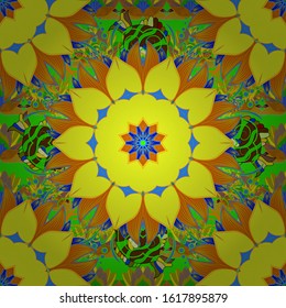 Invitation with colored mandala. Vintage decorative element on a green, yellow and orange colors. Vector pattern for wedding card illustration.