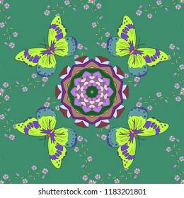 Invitation. Colored over green, blue and violet. Decorative ornate round mandala. Colored stickers, flash temporary tattoo, mehndi and yoga design, boho, magic symbol. Vintage vector pattern.