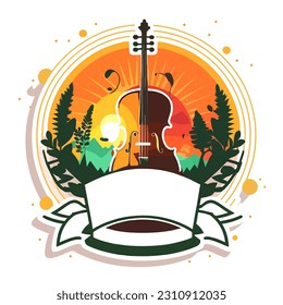 Invitation to a concert of garden classical music. Musical instruments, cello or violin. Cartoon vector illustration. label, sticker 