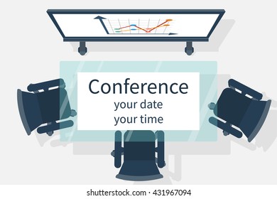 Invitation to the conference. Vector illustration, flat design. Empty  audience, meetings, conferences, lectures, top view. Business events concept. Invitations to the meeting.