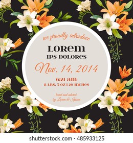 Invitation or Congratulation Card - for Wedding, Baby Shower - Vintage Lily Floral Theme - in Vector