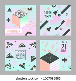 Invitation Congratulation Cards Set memphis Style. Abstract Poster Banner Flyer Templates with Geometric Elements. Vector illustration