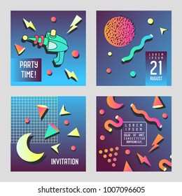 Invitation Congratulation Cards Set Memphis Style. Space Theme Abstract Poster Banner Flyer Templates with Geometric Elements. Vector illustration