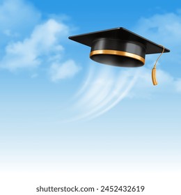 Invitación y felicitaciones graduados Anuncio, ceremonia de graduación. Plantilla de la tarjeta de felicitación con la gorra académica negra 3D levantada en el fondo azul del cielo con las nubes. Ilustración vectorial