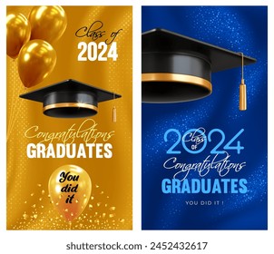 Invitation and congratulations graduates banners, graduate ceremony. Greeting cards with 3d black academic caps and golden balloons on gold and blue background with sparkles. Vector illustration