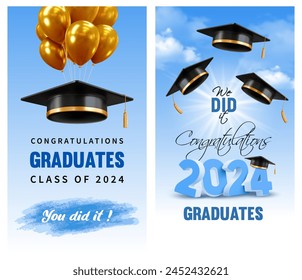 Invitation and congratulations graduates banners, graduate ceremony. Greeting cards with 3d black academic caps and golden balloons on blue sky background with clouds. Vector illustration