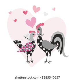 
Invitation or congratulatory card with a funny cockerel and a chicken as a bride and groom on the background of a large light pink heart.