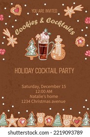 Invitation for Cookie and cocktails party, Holiday baking party, Cookie exchange. Place for text. Vector illustration.