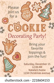 Invitation for Cookie decoration party, Holiday baking party, Cookie exchange. Place for text. Vector illustration.