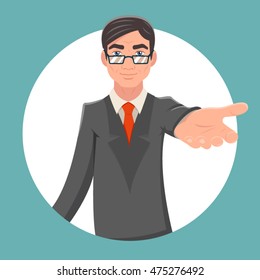 Invitation Cooperation Businessman Character Extend Hand Retro Vintage Cartoon Poster Design Vector Illustration