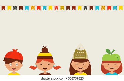 invitation for costume party. Kids wearing different hats