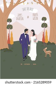 invitation with couple throw a party in a middle of forest and seeing each other. the wedding has a bohemian rustic and garden party theme 