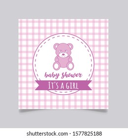 invitation cover with pink bear for a baby shower, it's a girl