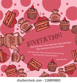 Invitation with cupcake and tea set