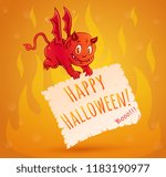 Invitation with cute little devil with old paper for Halloween. Little devil and fire for Halloween.