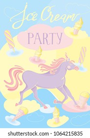 invitation with cute Unicorn and ice creams. Cartoon hand drawn unicorn. Vector illustration.