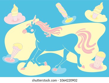 invitation with cute Unicorn and ice creams. Cartoon hand drawn unicorn. Vector illustration.