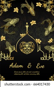 Invitation cymbidium orchids and koi fish card by hand drawing.Gold flower with japan fish on black background 