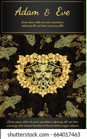 Invitation cymbidium orchids and koi fish card by hand drawing.Gold flower with japan fish on black background 