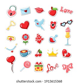 Invitation date stickers set. Golden crown and love potion in bottle Valentines Day decoration with heart and key passionate red kiss and balloon precious necklace amorous party. Vector greeting.