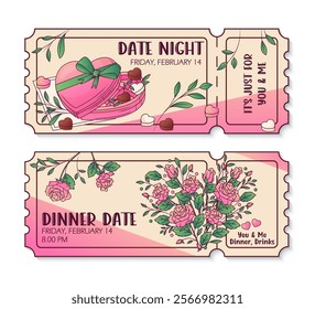 Invitation for date in tickets. Vector illustration of box of chocolates, bouquet of roses. Template for romantic design of card, poster, banner, decoration of Valentine's Day, Mother's Day.