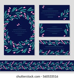 Invitation decorated branches barberry. Several different cards. Seamless brush of barberry.