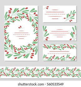 Invitation decorated branches barberry. Several different cards. Seamless brush of barberry.