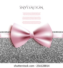 Invitation decorative card template with bow and silver shiny glitter