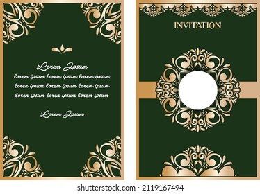 invitation decorative floral and swirl vector green background color with ribbon