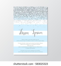 Invitation Design Card With Silver Glitter Dot Confetti On Blue Stripes