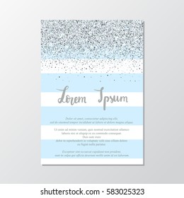 Invitation design card with silver glitter dot confetti on blue stripes