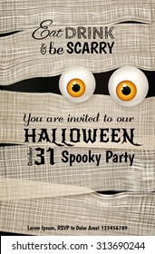 Design de convite para festa de Halloween com grandes olhos amarelos brilhantes da mamãe. Fundo engraçado do Dia das Bruxas. Pode ser usado para cartão de saudação, convite, cartaz, folheto. Ilustração vetorial