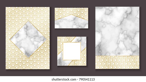 Invitation design with japanese wave pattern, brochure layout, template or background in trendy minimal geometric style, marble texture, chinese eastern ornament, trendy vector fashion cover