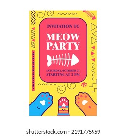 Invitation design with kitty paws. Trendy meow or cat party invitations with text. Domestic animals and pets concept. Template for leaflet, banner or flyer