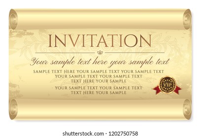 Invitation design. Medieval old vintage scroll parchment paper. Charter (aged sheet) with grunge texture and seal wax. Template for invite card, diploma, gift certificate, love letter, old map