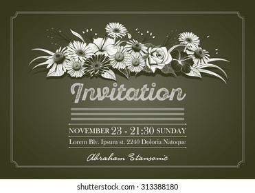 Invitation design template with colorful vintage hand drawn flowers. Elements are layered separately. Two global colors.