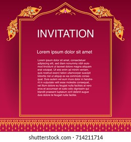 Plantilla de diseño de invitación, marco y vectores de borde decorados con joyas en la ilustración floral tailandesa de vintage
