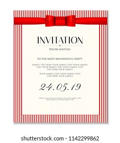Invitation design template (Save the date card). Classic red stripy background with red bow, ribbon useful for any Invitations, wedding invitation,  marriage, anniversary, engagement, Birthday party