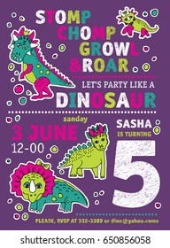 Invitation dinosaurs girl party birthday. Color vector illustration. EPS8