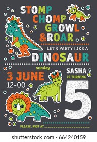 Invitation dinosaurs party birthday. Color vector illustration. EPS8