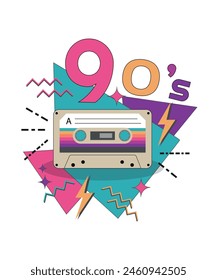 Invitation to the disco of the 90s. A poster with a retro audio cassette from the 90s. Back to the 90s. Vector illustration