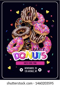 Invitation for donuts party, flyer. Vector.