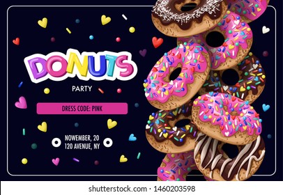 Invitation for donuts party, flyer. Vector.