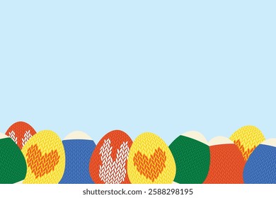 Invitation or Easter card template with Easter colorful eggs with knitted texture and space for your message