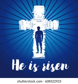 Invitation to an Easter Sunday service with text He is risen on a vector background of shining cross and resurrection Jesus Christ. Hi is risen shining cross card