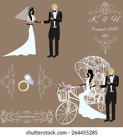 invitation, elegance vintage bride and groom on a white tricycle with flowers and ring