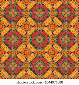 Invitation element. Seamless pattern in yellow, orange and red colors. Tattoo, astrology, alchemy, boho and magic symbol. Vector ornamental mandala inspired ethnic art, patterned Indian paisley.